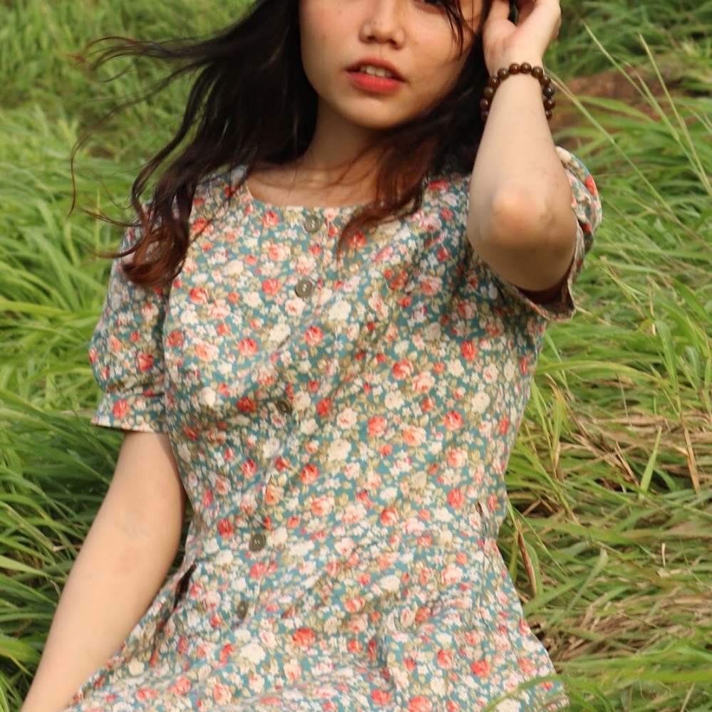 Vintage Floral Button Up A Line Dress.